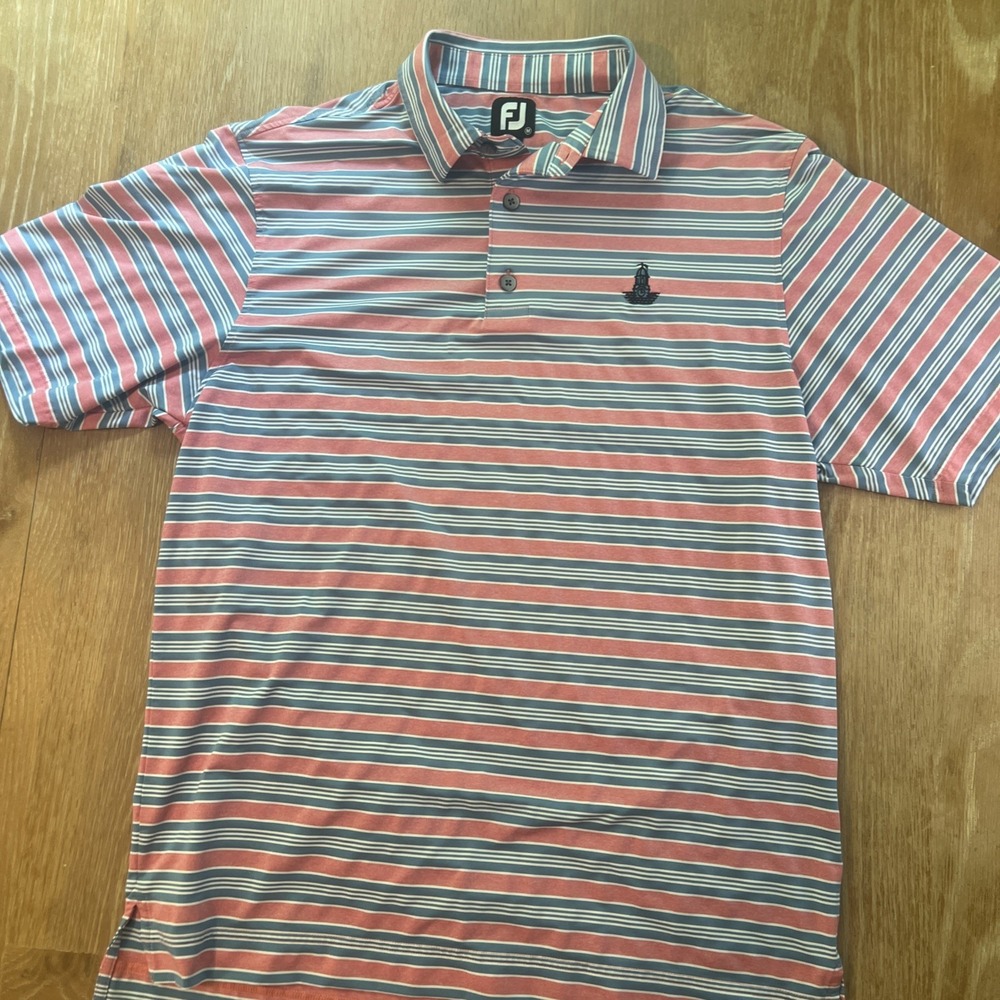 FootJoy Polo Shirt Mens Medium White Striped FJ‎ Golf Performance Preppy Golfer - Picture 2 of 6